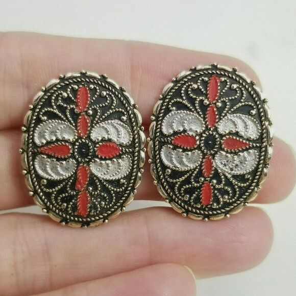 Vintage Black and Red Enamel Oval Clip On Earrings, Made in Western Germany - Picture 1 of 7